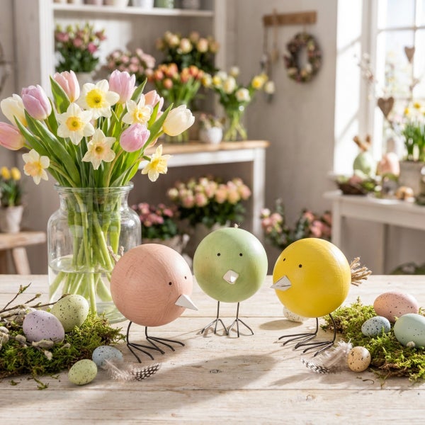 Drei dekorative Osterfiguren als Vögel aus Holz auf einem Tisch mit Blumenstrauß in Glasvase und Ostereiern in einer österlichen Dekoration.