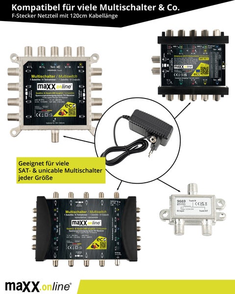 Universalnetzteil 18V, 1600mA mit F-Stecker, Steckernetzteil für Sat/unicable Multischalter Aller Art, Power Inserter, LNB Stromversorgung