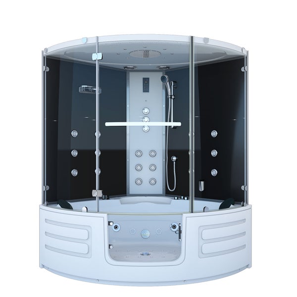 Moderne Dampfduschkabine mit Whirlpool-Funktion, Massagedüsen, Regendusche und Handbrause aus Glas.