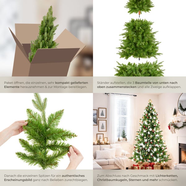 Montageanleitung für einen künstlichen Weihnachtsbaum in vier Schritten: Auspacken, Zusammenstecken, Zweige ausrichten und Dekoration im Wohnzimmer.