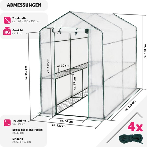 Foliengewächshaus tectake Andrea inklusive Spannseile und Heringe, 186 x 120 x 190 cm 3,6 m³, mit 4 Regalebenen weiß