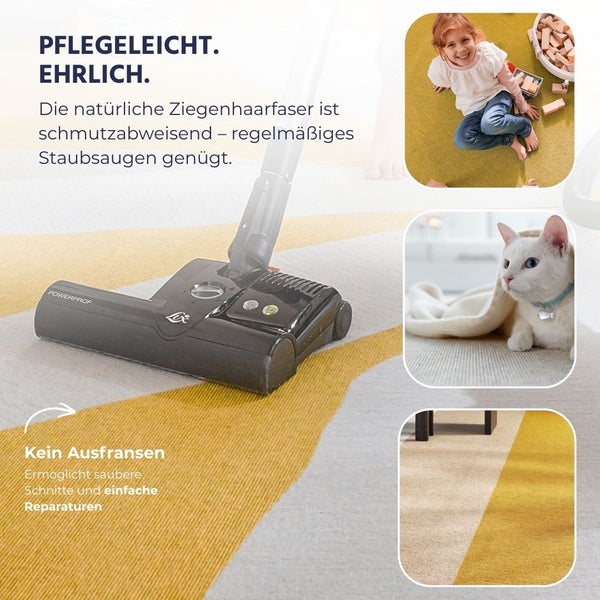 Ziegenhaarteppich, pflegeleicht und schmutzabweisend. Kein Ausfransen der Kanten. Bilder zeigen ein spielendes Kind und eine Katze auf dem Teppich.