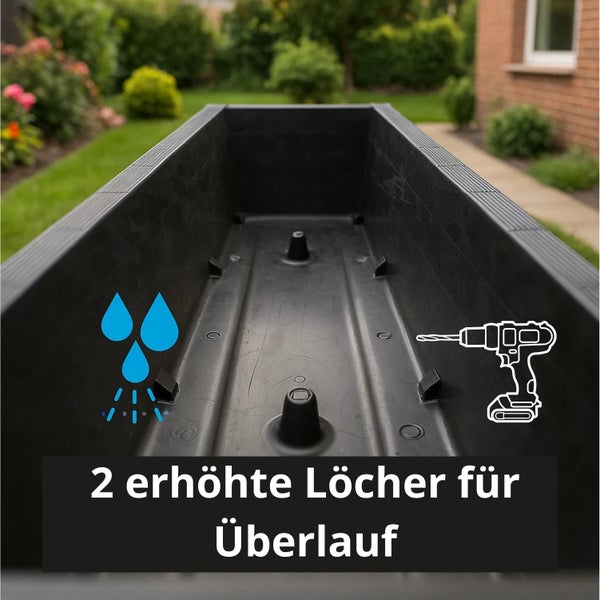 Innenansicht eines schwarzen Pflanzkastens mit erhöhten Löchern für den Wasserüberlauf