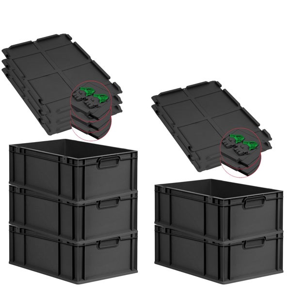 PROREGAL SuperSparSet 5x Eurobox NextGen Grip mit Scharnierdeckel und grünen Schiebeschnappverschlüssen, HxBxT 22x40x60cm, 44 Liter, Schwarz, Griffe geschlossen, Verstärkter Boden, Eurobehälter, Transportbox, Transportbehälter, Stapelbehälter