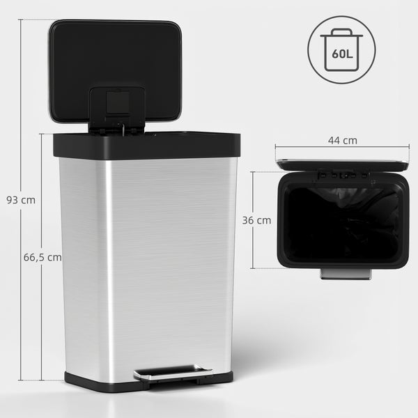 HOMCOM Mülleimer Küche 60 L Treteimer mit Soft-Close-Deckel, Offenhaltefunktion und Pedal Abfalleimer mit Fächer für Deodorant Abfallsammler, Edelstahl, Silber, 44 x 36 x 66,5 cm