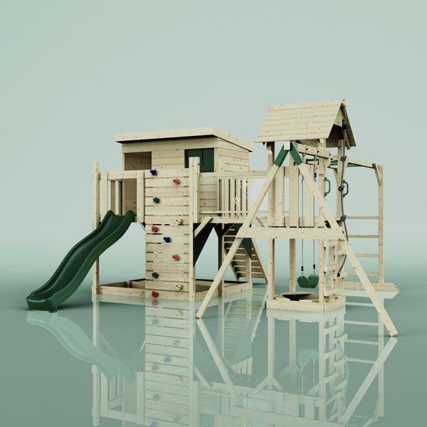 Spielanlage aus Holz mit Rutsche, Schaukel und Kletterwand