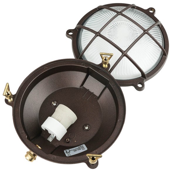 Geöffnete runde Außenleuchte mit Lampenfassung und Schutzgitter