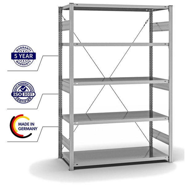 PROREGAL Fachbodenregal Stecksystem T-Profil Heavy-Duty Grundregal HxBxT 200 x 130 x 60 cm 5 Ebenen Fachlast 330 kg Einseitig Nutzbar Verzinkt