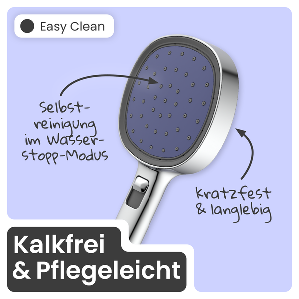 Handbrause mit Selbstreinigungsfunktion im Wasserstopp-Modus, kratzfest, langlebig, kalkfrei und pflegeleicht.