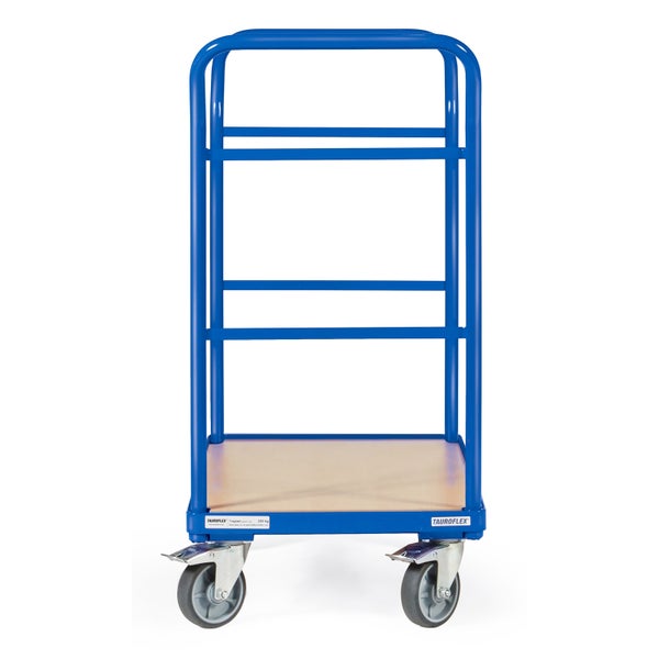 Blauer Etagenwagen mit Holzplatte und vier Rädern.