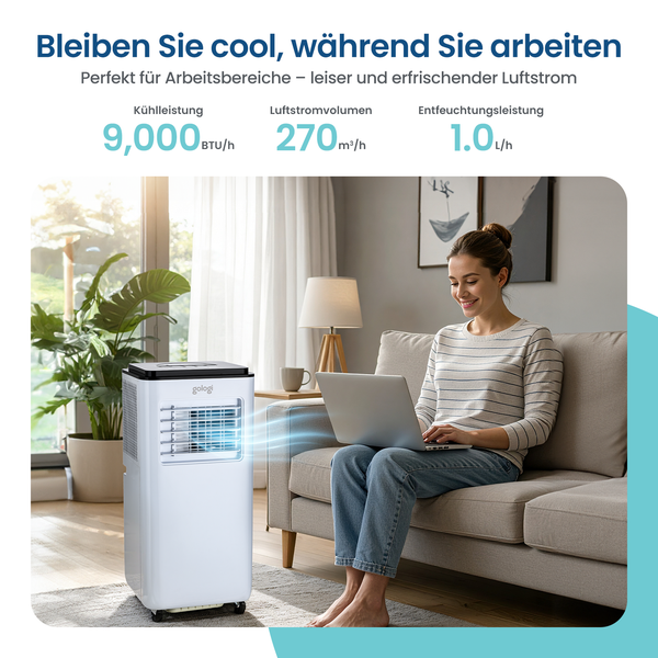 Gologi 3-in-1 Mobile Klimaanlage – Luftkühler mit WLAN und App – 9.000 BTU/h – Mit Fensterabdichtungsset – Inklusive Fernbedienung – Für Schlafzimmer geeignet – Weiß