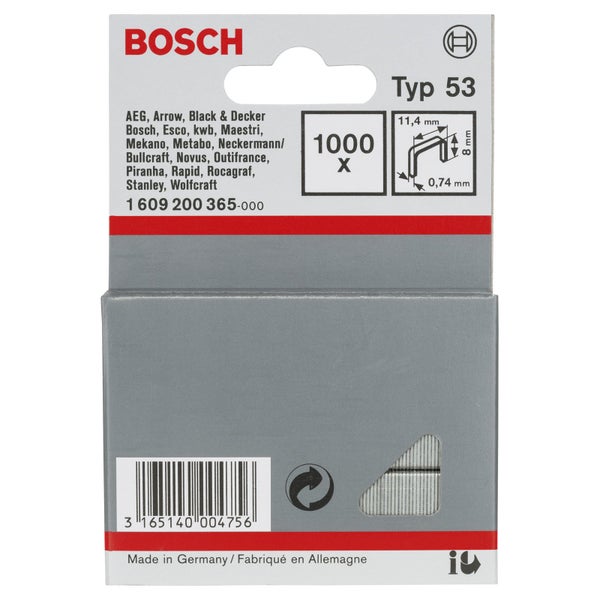 Bosch 1.000x Feindrahtklammer Typ 53, 11,4 x 0,74 x 8 mm - 1609200365