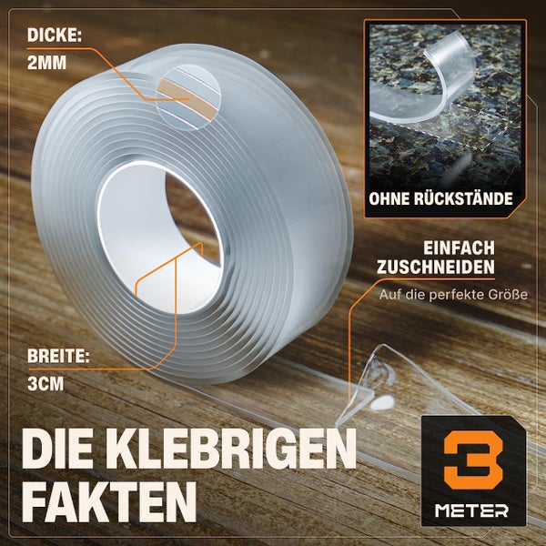 BAURIX® Nano-Tape Doppelseitig [3m] I Doppelseitiges Klebeband Extra Stark I Waschbares Alien Silikon Nano-Klebeband Transparent