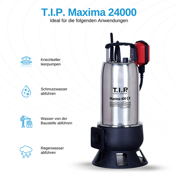 Tauchpumpe zur Entleerung von Kellern, zum Abpumpen von Schmutzwasser, zum Ableiten von Wasser auf Baustellen und zum Abpumpen von Regenwasser.