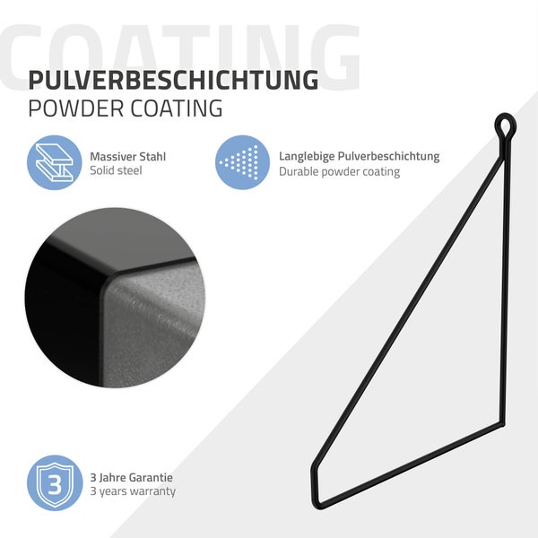ML-Design 2 Stück Regalhalterung 200mm Schwarz, Metall, Dreieckige Regalhalterungen, Schwebe Regalwinkel, Draht Wandhalterung, Regalträger für Wandmontage, Wandregal Wandkonsole Hängeregal Regalstütze