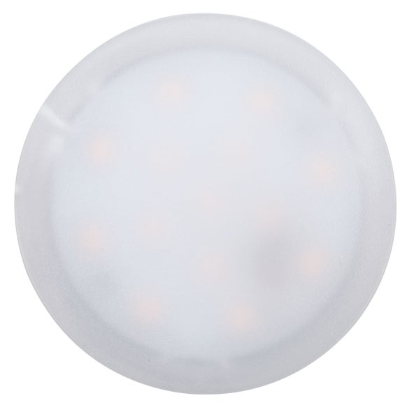Runde flache LED-Unterbauleuchte aus Kunststoff mit matter Abdeckung.