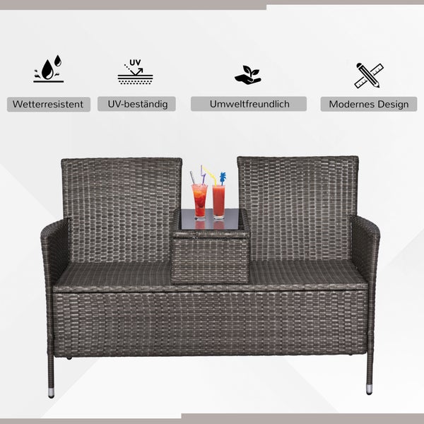 Outsunny Polyrattan Gartenbank, Sitzbank, mit Tisch, 2-Sitzer, B133 x T63 x H84cm, Stahl, Grau
