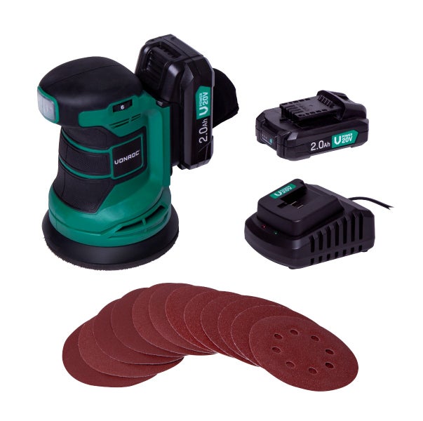 VONROC Exzenterschleifer Akku, Schleifmaschine - Handschleifer mit Staubbehälter 20V mit 2x2Ah Akku und Ladegerät, 125mm, 10.000/min - inkl. 12 Schleifpapier
