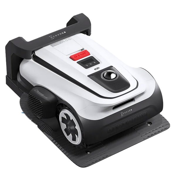 Ecovacs Mähroboter GOAT G1 mit Ladestation, Stopp Taste und Navigationssensor.