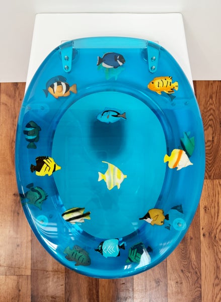 WC Sitz Fische blau, aus massivem Polyester, universalpassend durch verstellbare Messingscharniere