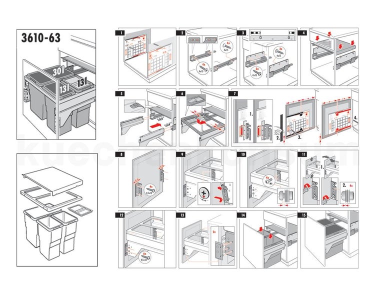 Montageanleitung für ein Mülltrennsystem mit drei Abfalleimern für Küchenunterschränke mit 30 Litern und zweimal 13 Litern Volumen.