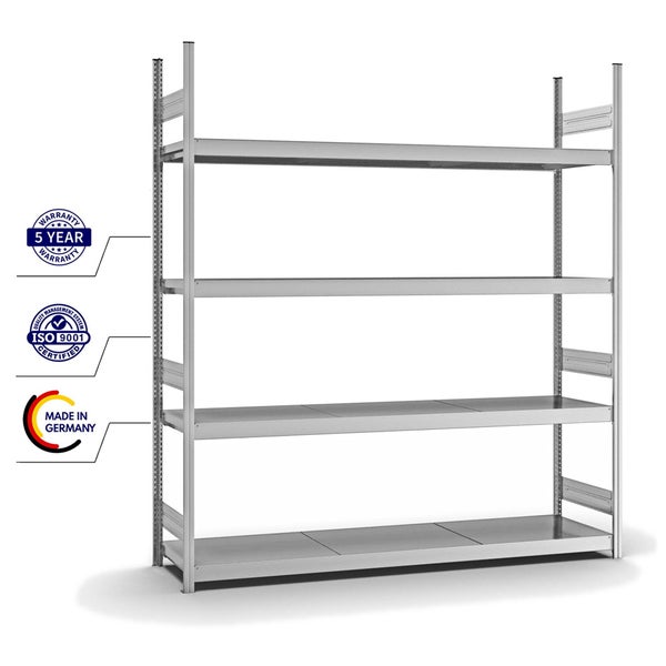 PROREGAL Weitspannregal Stecksystem T-Profil Grundregal HxBxT 250x225x50 cm 4 Ebenen Stahlplatten Fachboden Fachlast 350 kg Verzinkt