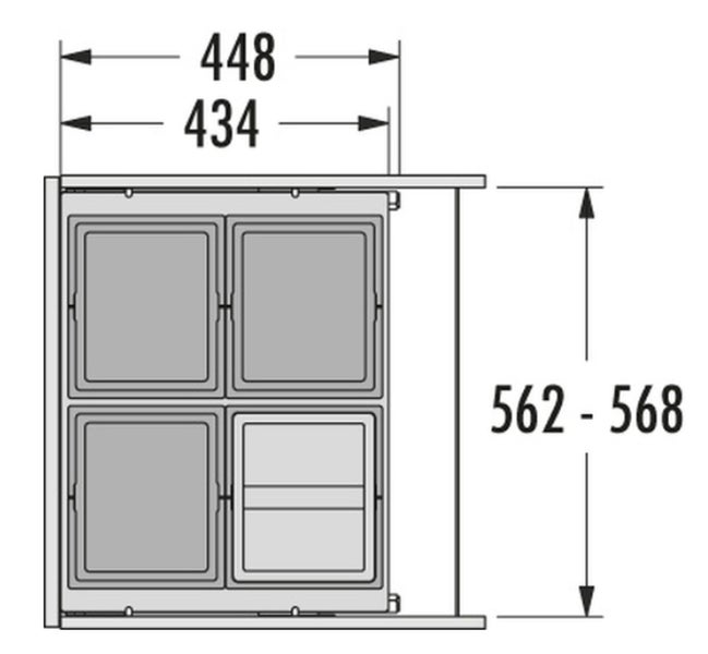 Technische Zeichnung eines Küchenschranks mit den Maßen 448, 434 und 562 bis 568