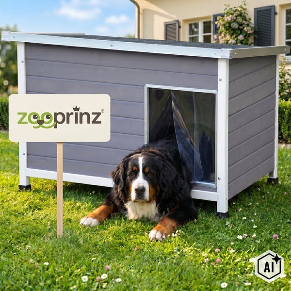 Eine Hundehütte aus Holz mit Pultdach und Lamellenvorhang steht im Garten, vor ihr liegt ein Berner Sennenhund, Zooprinz Logo.