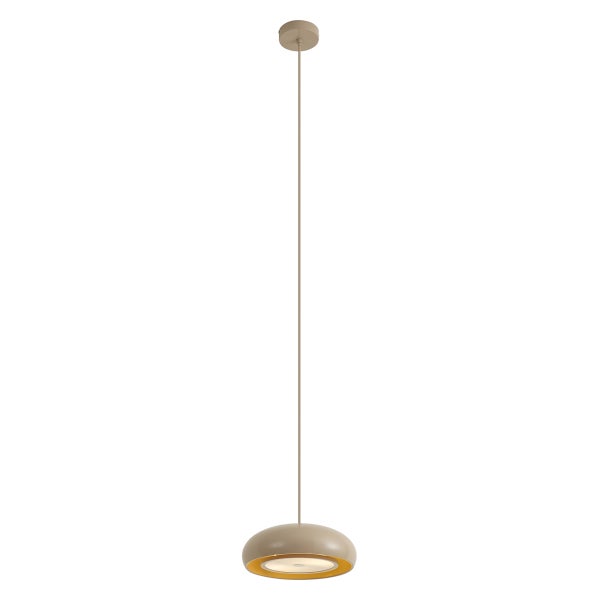 Moderne LED Pendelleuchte mit flachem, schalenförmigem Lampenschirm als Deckenbeleuchtung.