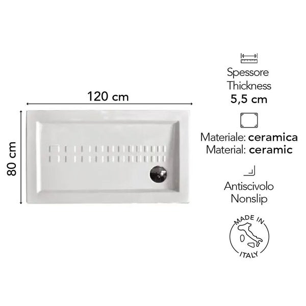 Keramik-Duschwanne mit rutschfester Oberfläche, Maße 120 mal 80 Zentimeter, Dicke 5,5 Zentimeter, hergestellt in Italien.