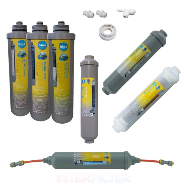 Set mit Wasserfilterkartuschen und Zubehör für Umkehrosmoseanlagen zur Wasseraufbereitung im Haushalt