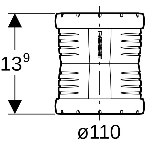 Technische Zeichnung einer Geberit Kupplung, Durchmesser 110 Millimeter, Höhe 13,9. Geberit Logo.