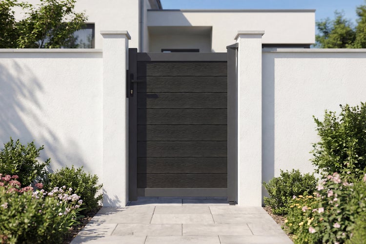 Modernes dunkles Gartentor mit Lamellen in Holzoptik und Metallrahmen, eingefasst von zwei weißen Steinpfosten an einem gepflasterten Gartenweg.