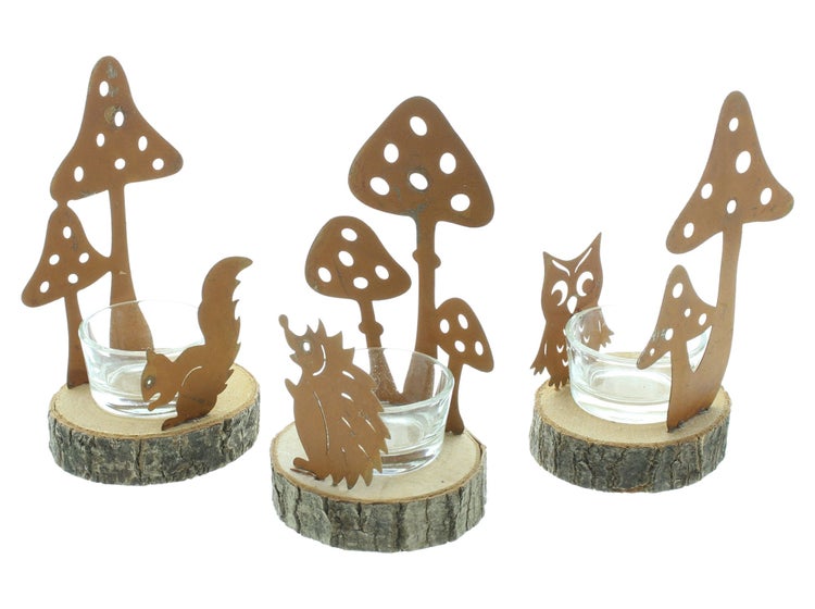 FRANK FLECHTWAREN | Teelichthalter Herbst, 3er Set, METALL, GLAS, HOLZ, 7 x 7 x 13,5 cm