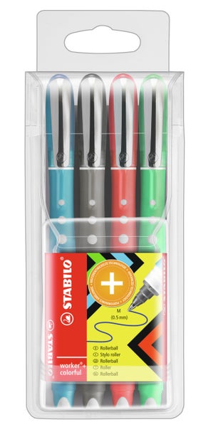 STABILO Tintenroller Tintenroller worker+ colorful - medium, 4er Set - grün, rot, blau, schwarz