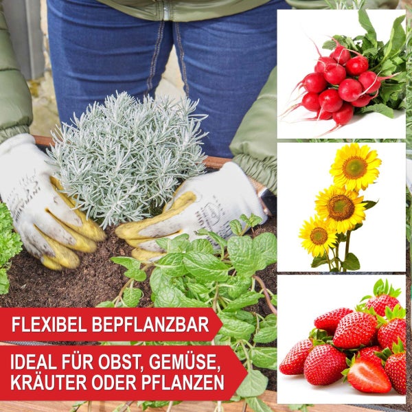 Hochbeet aus Holz auf einer Steinterrasse, bepflanzt mit Kräutern und Blumen, mit einer unteren Ablage für Gartenutensilien.