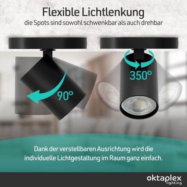 Schwarzer Deckenstrahler mit flexibler Lichtlenkung, 90 Grad schwenkbar und 350 Grad drehbar.