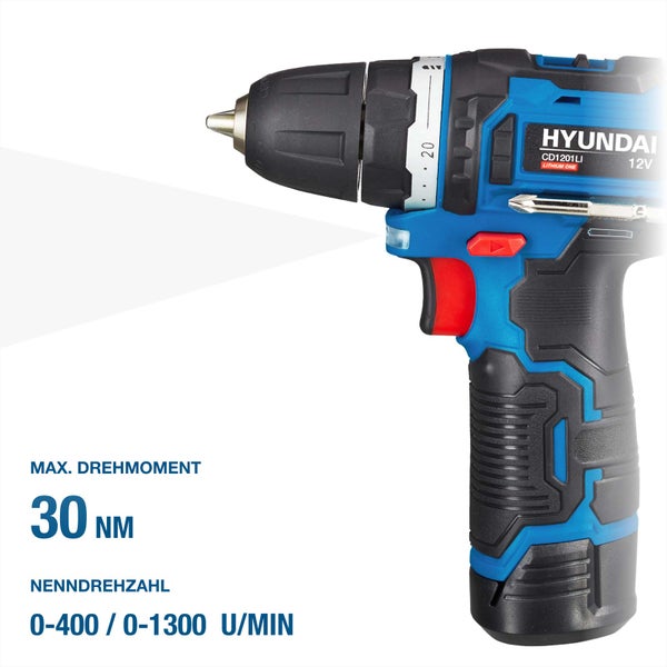 Hyundai Akku Bohrschrauber 12 Volt mit 30 Newtonmeter Drehmoment und 0 bis 1300 Umdrehungen pro Minute.