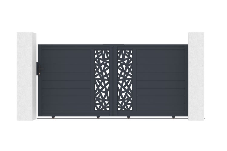 Zweiflügeliges Gartentor aus Aluminium in Anthrazit mit dekorativem Linienmuster zwischen zwei weißen Pfeilern.