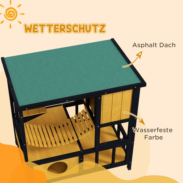 Holzhaus mit Bitumendach und wasserfester Farbe