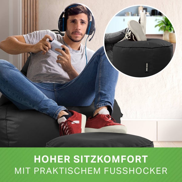 Green Bean 2er Set Sitzsack + Hocker - fertig befüllt - robust waschbar schmutzabweisend - Kinder & Erwachsene Bean Bag Bodenkissen Lounge Sitzhocker Relax-Sessel Gamer Gamingstuhl Pouf - Schwarz