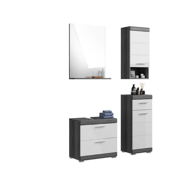 Badezimmermöbel-Set mit dunkelgrauem Korpus und weißen Fronten, bestehend aus Spiegel mit Ablage, Hängeschrank, Unterschrank und Beischrank.