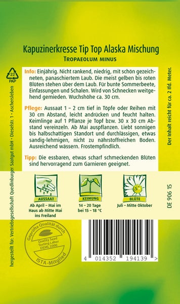 Rückseite der Samentüte Kapuzinerkresse Tip Top Alaska Mischung mit Hinweisen zu Aussaat, Keimung und Blüte sowie einem Qualitätssiegel.