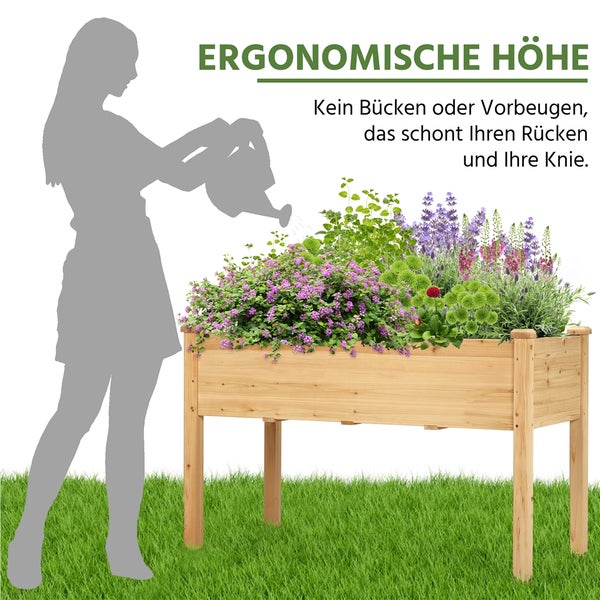 Hochbeet aus Holz mit verschiedenen Pflanzen und Silhouette einer Person mit Gießkanne