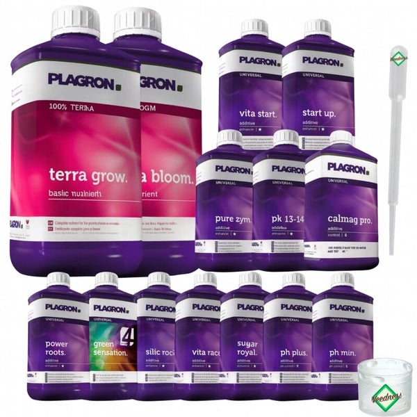 Sortiment von Plagron-Düngemitteln und -Zusätzen in Flaschen