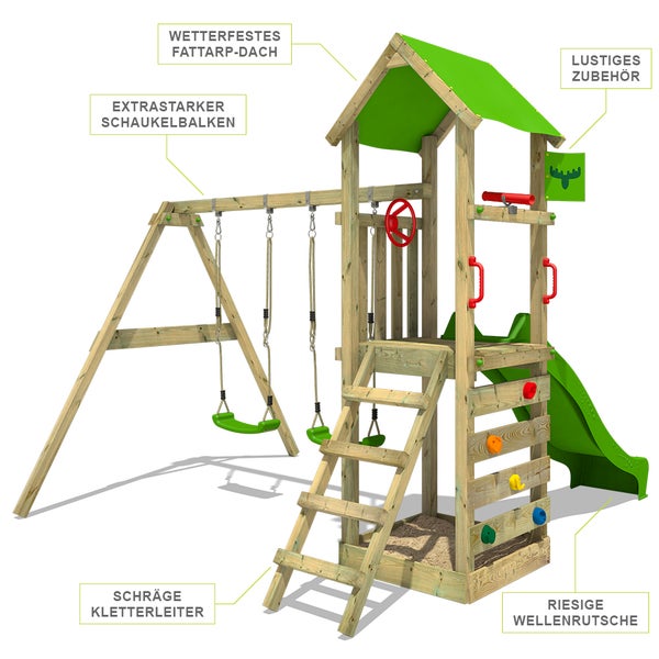 FATMOOSE Spielturm KiwiKey mit Schaukel und apfelgrüner Rutsche mit Sandkasten, Leiter und Spiel-Zubehör