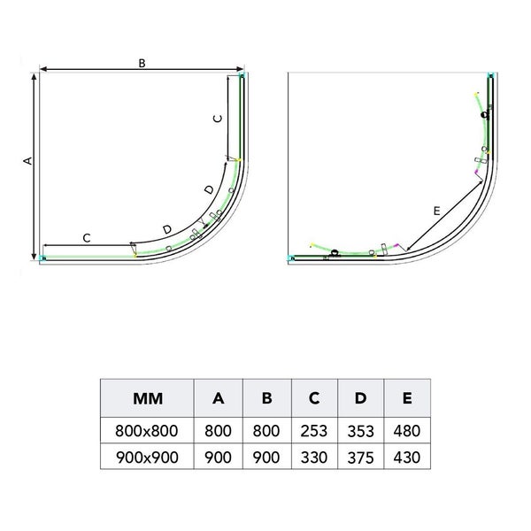 Technische Zeichnung einer Duschkabine mit Maßangaben