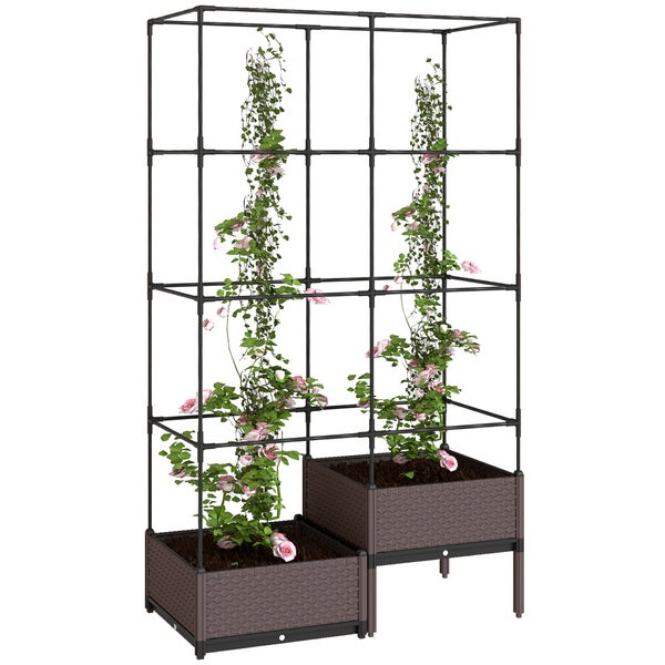 Hochbeet mit Rankgitter für Kletterpflanzen, zwei Ebenen, braune Kunststoffbehälter in Flechtoptik und schwarzer Metallrahmen.