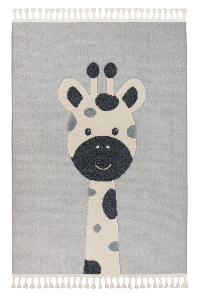 Kinderteppich mit Giraffenmotiv und Fransen an den kurzen Seiten für das Kinderzimmer.