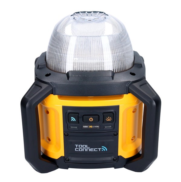 Tragbare LED-Arbeitsleuchte mit Kuppel-Diffusor, Tragegriffen und Tool Connect Bedienelementen an der Vorderseite.